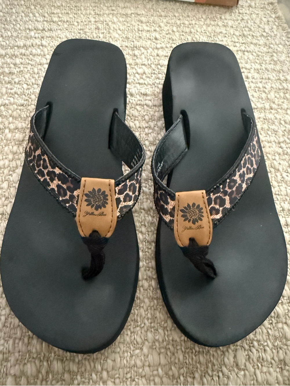 Yellow Box Black Flip Flops with Leopard-Print Beaded Straps